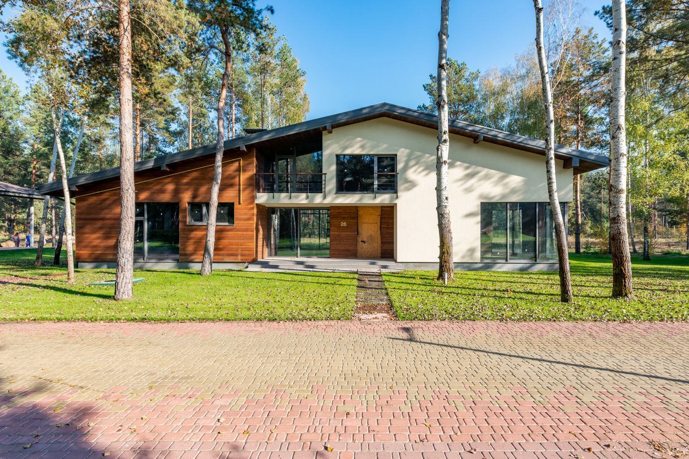 Modern huis met gazon, berken en sierbestrating