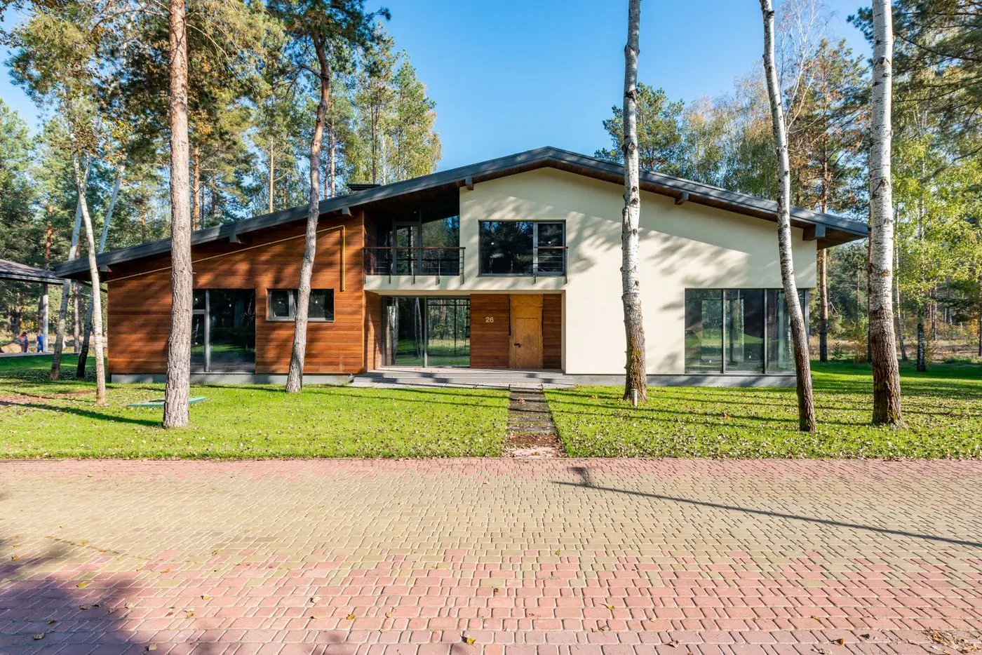 Modern huis met gazon, berken en sierbestrating